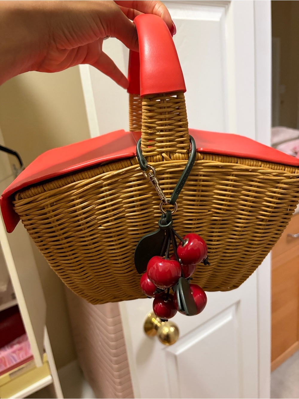 Kate Spade Woven Basket Handbag with Red Trim and Cherry Charm